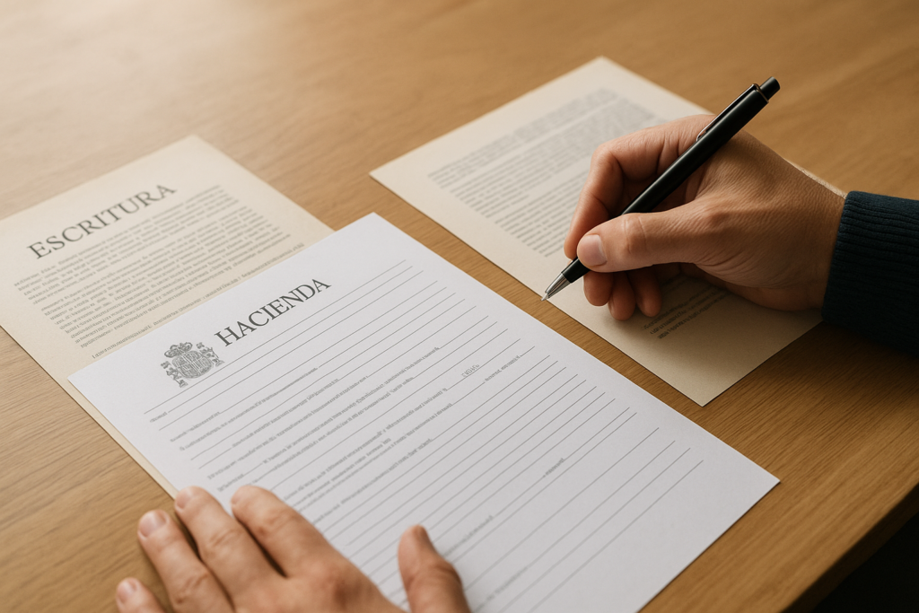 Cómo reclamar el impuesto de plusvalía municipal en Murcia y ganar tu caso – Intro – documento de hacienda y escritura sobre mesa, estilo re
