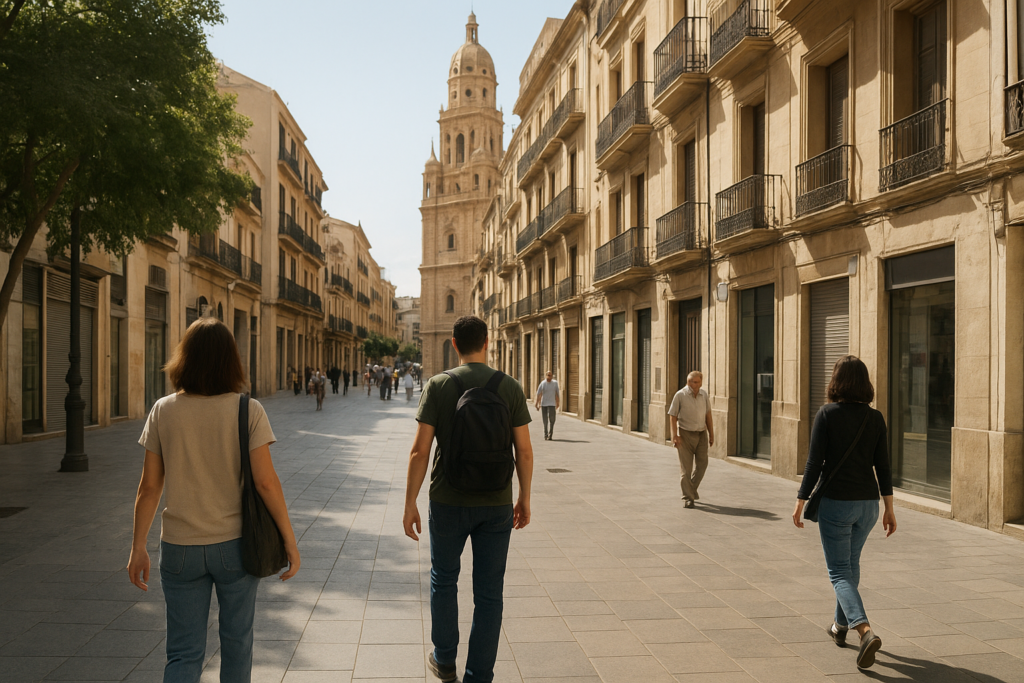 ¿Cuáles son los delitos que más crecen en Murcia? Radiografía legal de 2025 – Intro – calle urbana de Murcia con fachadas y peatones, estilo