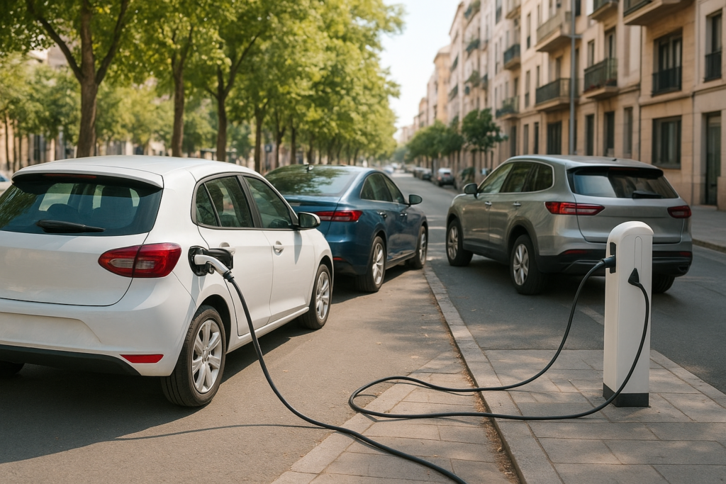 El auge de la movilidad eléctrica en Murcia: novedades legales para conductores – Intro – avenida urbana con varios puntos de recarga y vehí