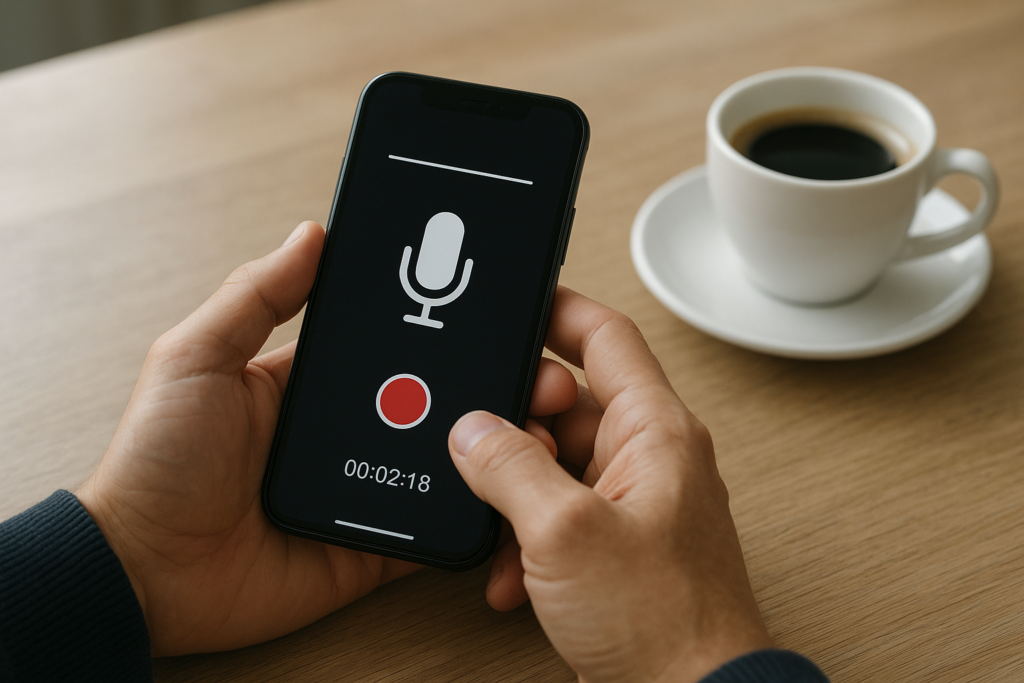 ¿Es legal grabar conversaciones sin permiso en España? Dudas frecuentes aclaradas – Intro – manos sosteniendo un teléfono con aplicación de