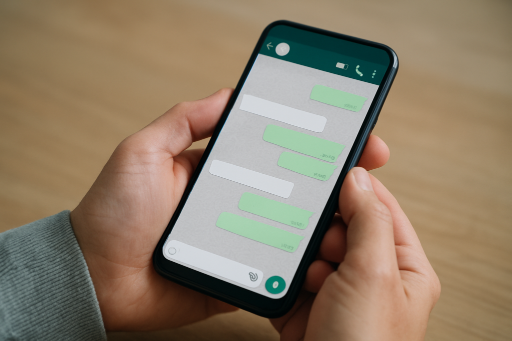 ¿Puede un contrato firmado por WhatsApp tener validez legal en España? Casos reales – Intro – chat de WhatsApp en pantalla de móvil, manos s