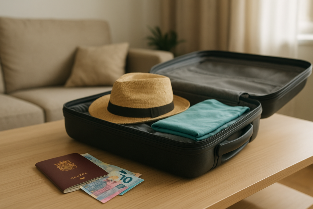 Reclamaciones por vacaciones canceladas: lo que todo murciano debe saber este verano – Intro – maleta abierta en salón con pasaporte y bille